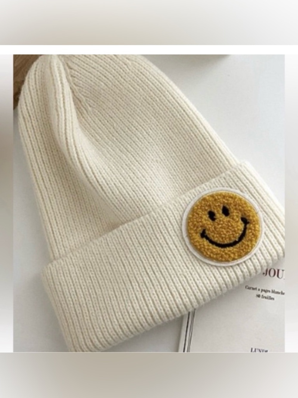 New Cute Fall Winter Trendy Ivory Smiley Face Beanie Hat